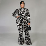 Sexy Black Leopard Print Long Sleeve Strappy Wide Leg Jumpsuit