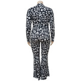Sexy Black Leopard Print Long Sleeve Strappy Wide Leg Jumpsuit