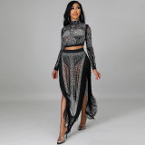 Sexy Perm Mesh See-through Two-piece Long-sleeved Slit Dress