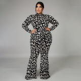 Sexy Black Leopard Print Long Sleeve Strappy Wide Leg Jumpsuit
