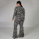 Sexy Black Leopard Print Long Sleeve Strappy Wide Leg Jumpsuit