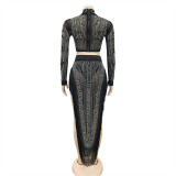 Sexy Perm Mesh See-through Two-piece Long-sleeved Slit Dress