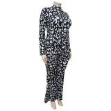 Sexy Black Leopard Print Long Sleeve Strappy Wide Leg Jumpsuit