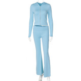 Stylish Zippered long Sleeve Hooded Top and Flared Trousers Set