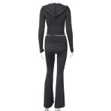 Stylish Zippered long Sleeve Hooded Top and Flared Trousers Set