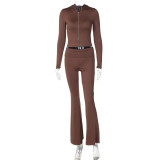 Stylish Zippered long Sleeve Hooded Top and Flared Trousers Set