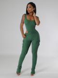 Elastic Twist Stripe High Waist Bodysuit and Cargo Pants Set