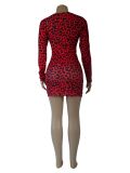 Sexy Tight Leopard Print Long Sleeve V-neck Dress