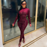 Hot Sale Personalized Printed Long Sleeve Tight high Collar Jumpsuit