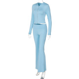 Stylish Zippered long Sleeve Hooded Top and Flared Trousers Set