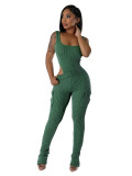 Elastic Twist Stripe High Waist Bodysuit and Cargo Pants Set