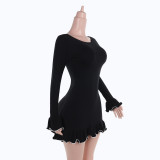 Contrast Color Wavy Edge A-hem Long-sleeved Woolen Dress