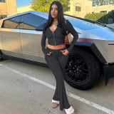 Stylish Zippered long Sleeve Hooded Top and Flared Trousers Set