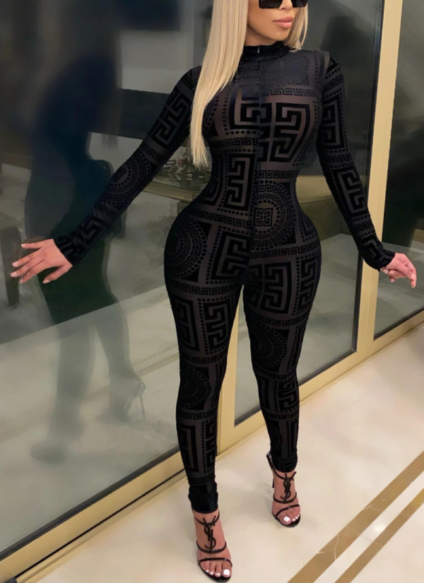 Hot Sale Personalized Printed Long Sleeve Tight high Collar Jumpsuit