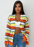 Hollow Contrast Striped Long-Sleeved Cardigan Loose Casual Knitted Jacket