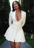 Sexy Solid Color Single Breasted Pleated Skirt Deep V Long Sleeve Dress