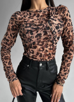 Hot Girl Slim Fit Leopard Print Long Sleeve Crewneck Bottoming Top