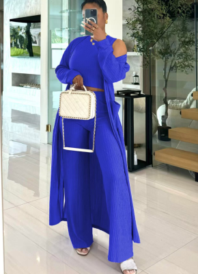 Round Neck Vest Elastic Waist Wide Leg Trousers Long Sleeve Jacket Three Piece Suit