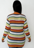 Hollow Contrast Striped Long-Sleeved Cardigan Loose Casual Knitted Jacket