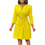 Fashionable Waist-hugging Pleated Mid-length Suit Dress