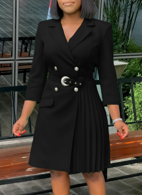 Fashionable Waist-hugging Pleated Mid-length Suit Dress
