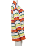 Hollow Contrast Striped Long-Sleeved Cardigan Loose Casual Knitted Jacket