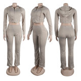 Drawstring Zipper High Waist Slim Fit Wide Leg Trousers Two Piece Set