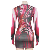 Autumn Round Neck Long Sleeve Finger Stripe Print Hip Short Dress