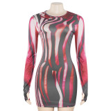 Autumn Round Neck Long Sleeve Finger Stripe Print Hip Short Dress