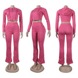 Drawstring Zipper High Waist Slim Fit Wide Leg Trousers Two Piece Set