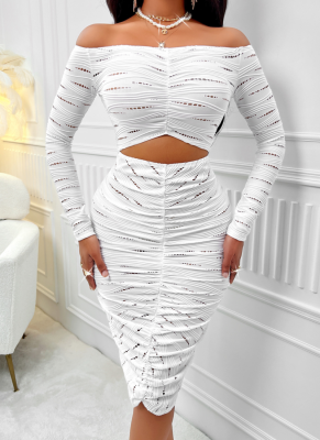 Sexy Solid Color One Shoulder Long Sleeve Hollow Dress