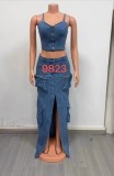 Sexy Zipper Suspender Washed Denim Slit Overalls Skirt Suit