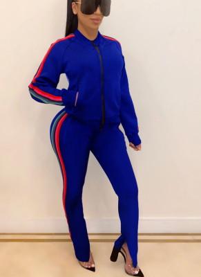 Fashionable Colorful Stripe Print Stitching Slit Zipper Sports Suit