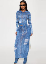 Printed Round Neck Slim Fit Hip-hugging Denim Skirt Two-piece Set