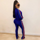 Fashionable Colorful Stripe Print Stitching Slit Zipper Sports Suit