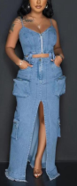Sexy Zipper Suspender Washed Denim Slit Overalls Skirt Suit