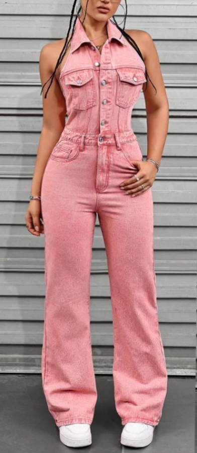 Sexy Backless Lapel Pocket Cargo Denim Jumpsuit