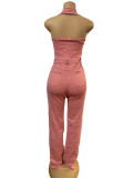 Sexy Backless Lapel Pocket Cargo Denim Jumpsuit