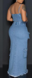 Sexy Zipper Suspender Washed Denim Slit Overalls Skirt Suit