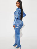 Printed Round Neck Slim Fit Hip-hugging Denim Skirt Two-piece Set