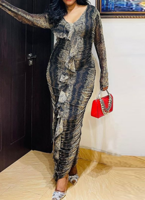 Sexy Printed Slim Long Sleeve Long Dress