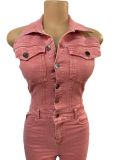 Sexy Backless Lapel Pocket Cargo Denim Jumpsuit