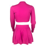 Round NeckNavel-baring Slim fit Long-sleeved Pleated Skirt Two-piece Set