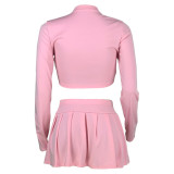 Round NeckNavel-baring Slim fit Long-sleeved Pleated Skirt Two-piece Set