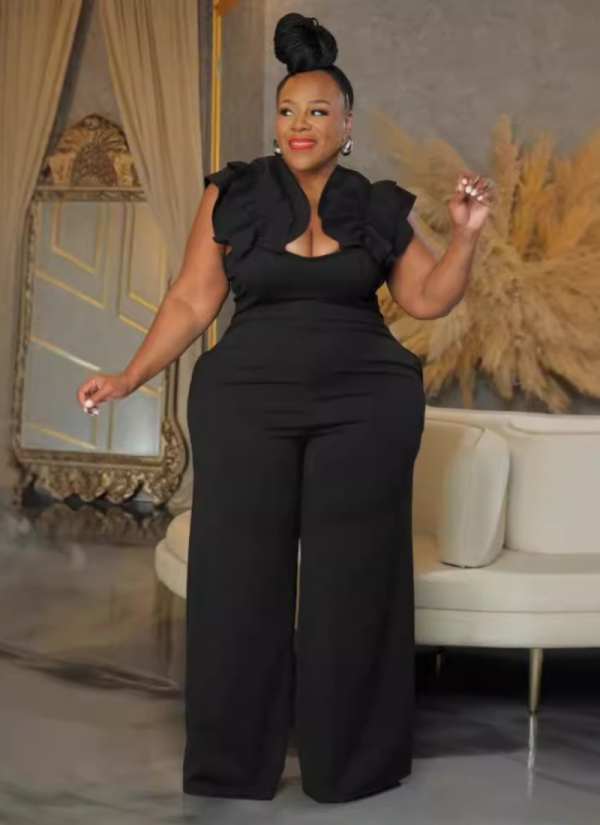 Plus Size Suspender Lace Stretch Slim Fit Wide Leg Jumpsuit