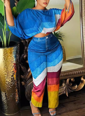 Printed Loose Dolman Sleeve Straight-leg Two-piece Set