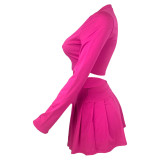 Round NeckNavel-baring Slim fit Long-sleeved Pleated Skirt Two-piece Set