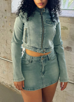 Stretch Denim Digital Logo Patch Embroidered Skirt Two-piece Set