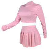 Round NeckNavel-baring Slim fit Long-sleeved Pleated Skirt Two-piece Set