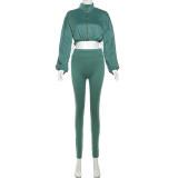 Sexy Drawstring Waist Crop Top High Waist Tight Trousers Set